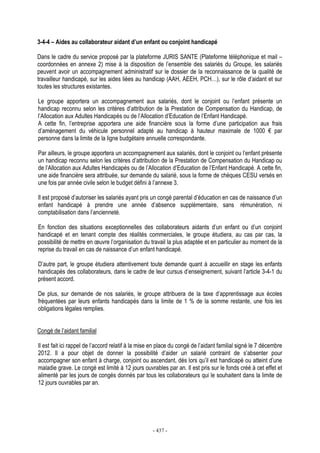 - 437 -
3-4-4 – Aides au collaborateur aidant d’un enfant ou conjoint handicapé
Dans le cadre du service proposé par la plateforme JURIS SANTE (Plateforme téléphonique et mail –
coordonnées en annexe 2) mise à la disposition de l’ensemble des salariés du Groupe, les salariés
peuvent avoir un accompagnement administratif sur le dossier de la reconnaissance de la qualité de
travailleur handicapé, sur les aides liées au handicap (AAH, AEEH, PCH…), sur le rôle d’aidant et sur
toutes les structures existantes.
Le groupe apportera un accompagnement aux salariés, dont le conjoint ou l’enfant présente un
handicap reconnu selon les critères d’attribution de la Prestation de Compensation du Handicap, de
l’Allocation aux Adultes Handicapés ou de l’Allocation d’Education de l’Enfant Handicapé.
A cette fin, l’entreprise apportera une aide financière sous la forme d’une participation aux frais
d’aménagement du véhicule personnel adapté au handicap à hauteur maximale de 1000 € par
personne dans la limite de la ligne budgétaire annuelle correspondante.
Par ailleurs, le groupe apportera un accompagnement aux salariés, dont le conjoint ou l’enfant présente
un handicap reconnu selon les critères d’attribution de la Prestation de Compensation du Handicap ou
de l’Allocation aux Adultes Handicapés ou de l’Allocation d’Education de l’Enfant Handicapé. A cette fin,
une aide financière sera attribuée, sur demande du salarié, sous la forme de chèques CESU versés en
une fois par année civile selon le budget défini à l’annexe 3.
Il est proposé d’autoriser les salariés ayant pris un congé parental d’éducation en cas de naissance d’un
enfant handicapé à prendre une année d’absence supplémentaire, sans rémunération, ni
comptabilisation dans l’ancienneté.
En fonction des situations exceptionnelles des collaborateurs aidants d’un enfant ou d’un conjoint
handicapé et en tenant compte des réalités commerciales, le groupe étudiera, au cas par cas, la
possibilité de mettre en œuvre l’organisation du travail la plus adaptée et en particulier au moment de la
reprise du travail en cas de naissance d’un enfant handicapé.
D’autre part, le groupe étudiera attentivement toute demande quant à accueillir en stage les enfants
handicapés des collaborateurs, dans le cadre de leur cursus d’enseignement, suivant l’article 3-4-1 du
présent accord.
De plus, sur demande de nos salariés, le groupe attribuera de la taxe d’apprentissage aux écoles
fréquentées par leurs enfants handicapés dans la limite de 1 % de la somme restante, une fois les
obligations légales remplies.
Congé de l’aidant familial
Il est fait ici rappel de l’accord relatif à la mise en place du congé de l’aidant familial signé le 7 décembre
2012. Il a pour objet de donner la possibilité d’aider un salarié contraint de s’absenter pour
accompagner son enfant à charge, conjoint ou ascendant, dès lors qu’il est handicapé ou atteint d’une
maladie grave. Le congé est limité à 12 jours ouvrables par an. Il est pris sur le fonds créé à cet effet et
alimenté par les jours de congés donnés par tous les collaborateurs qui le souhaitent dans la limite de
12 jours ouvrables par an.
 