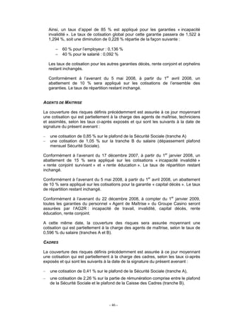 - 46 -
Ainsi, un taux d’appel de 85 % est appliqué pour les garanties « incapacité
invalidité ». Le taux de cotisation global pour cette garantie passera de 1,522 à
1,294 %, soit une diminution de 0,228 % répartie de la façon suivante :
− 60 % pour l’employeur : 0,136 %
− 40 % pour le salarié : 0,092 %
Les taux de cotisation pour les autres garanties décès, rente conjoint et orphelins
restant inchangés.
Conformément à l’avenant du 5 mai 2008, à partir du 1er
avril 2008, un
abattement de 10 % sera appliqué sur les cotisations de l’ensemble des
garanties. Le taux de répartition restant inchangé.
AGENTS DE MAITRISE
La couverture des risques définis précédemment est assurée à ce jour moyennant
une cotisation qui est partiellement à la charge des agents de maîtrise, techniciens
et assimilés, selon les taux ci-après exposés et qui sont les suivants à la date de
signature du présent avenant :
– une cotisation de 0,85 % sur le plafond de la Sécurité Sociale (tranche A)
– une cotisation de 1,05 % sur la tranche B du salaire (dépassement plafond
mensuel Sécurité Sociale).
Conformément à l’avenant du 17 décembre 2007, à partir du 1er
janvier 2008, un
abattement de 15 % sera appliqué sur les cotisations « incapacité invalidité »
« rente conjoint survivant » et « rente éducation ». Le taux de répartition restant
inchangé.
Conformément à l’avenant du 5 mai 2008, à partir du 1er
avril 2008, un abattement
de 10 % sera appliqué sur les cotisations pour la garantie « capital décès ». Le taux
de répartition restant inchangé.
Conformément à l’avenant du 22 décembre 2008, à compter du 1er
janvier 2009,
toutes les garanties du personnel « Agent de Maîtrise » du Groupe Casino seront
assurées par l’AG2R : incapacité de travail, invalidité, capital décès, rente
éducation, rente conjoint.
A cette même date, la couverture des risques sera assurée moyennant une
cotisation qui est partiellement à la charge des agents de maîtrise, selon le taux de
0,596 % du salaire (tranches A et B).
CADRES
La couverture des risques définis précédemment est assurée à ce jour moyennant
une cotisation qui est partiellement à la charge des cadres, selon les taux ci-après
exposés et qui sont les suivants à la date de la signature du présent avenant :
– une cotisation de 0,41 % sur le plafond de la Sécurité Sociale (tranche A),
– une cotisation de 2,26 % sur la partie de rémunération comprise entre le plafond
de la Sécurité Sociale et le plafond de la Caisse des Cadres (tranche B),
 