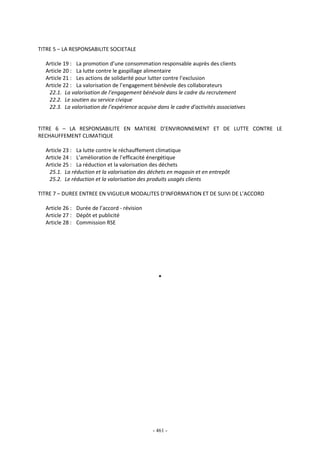 - 461 -
TITRE 5 – LA RESPONSABILITE SOCIETALE
Article 19 : La promotion d’une consommation responsable auprès des clients
Article 20 : La lutte contre le gaspillage alimentaire
Article 21 : Les actions de solidarité pour lutter contre l’exclusion
Article 22 : La valorisation de l’engagement bénévole des collaborateurs
22.1. La valorisation de l’engagement bénévole dans le cadre du recrutement
22.2. Le soutien au service civique
22.3. La valorisation de l’expérience acquise dans le cadre d’activités associatives
TITRE 6 – LA RESPONSABILITE EN MATIERE D’ENVIRONNEMENT ET DE LUTTE CONTRE LE
RECHAUFFEMENT CLIMATIQUE
Article 23 : La lutte contre le réchauffement climatique
Article 24 : L’amélioration de l’efficacité énergétique
Article 25 : La réduction et la valorisation des déchets
25.1. La réduction et la valorisation des déchets en magasin et en entrepôt
25.2. Le réduction et la valorisation des produits usagés clients
TITRE 7 – DUREE ENTREE EN VIGUEUR MODALITES D’INFORMATION ET DE SUIVI DE L’ACCORD
Article 26 : Durée de l’accord - révision
Article 27 : Dépôt et publicité
Article 28 : Commission RSE
*
 
