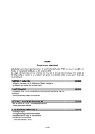 - 490 -
ANNEXE 5
Budget annuel prévisionnel
Le budget prévisionnel correspond au montant de la contribution de l’année 2012 Il sera revu, en mars 2014, en
fonction du montant de la contribution au titre de l’année 2013.
Le budget prévisionnel des années suivantes sera revu lors de chaque bilan annuel pour tenir compte de
l’évolution réelle du montant de la contribution telle qu’elle aurait dû être versée, si aucun accord de groupe
n’avait été signé.
PILOTAGE ET ANIMATION 106 000 €
- salaires et charges et frais de déplacement Mission Handipacte
- participation aux salaires des correspondants
PLAN D'EMBAUCHE 62 000 €
- participation à des forums / manifestations de recrutement / partenariat avec des
organismes
- aménagement de poste en co-financement
PRÉVENIR ET APPRÉHENDER LE HANDICAP 55 000 €
- outil de mesure de l'accès à l'environnement de travail
- audit accessibilité numérique
PLAN DE MAINTIEN DANS L'EMPLOI 120 000 €
- visite de pré-reprise
- aménagement de poste en co-financement
- bilan professionnel / stage de pré-orientation
- formation en co-financement
- 2 semaines entre les 2 visites
 