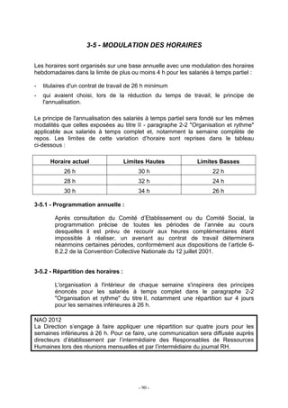 - 90 -
3-5 - MODULATION DES HORAIRES
Les horaires sont organisés sur une base annuelle avec une modulation des horaires
hebdomadaires dans la limite de plus ou moins 4 h pour les salariés à temps partiel :
- titulaires d'un contrat de travail de 26 h minimum
- qui avaient choisi, lors de la réduction du temps de travail, le principe de
l'annualisation.
Le principe de l'annualisation des salariés à temps partiel sera fondé sur les mêmes
modalités que celles exposées au titre II - paragraphe 2-2 "Organisation et rythme"
applicable aux salariés à temps complet et, notamment la semaine complète de
repos. Les limites de cette variation d’horaire sont reprises dans le tableau
ci-dessous :
Horaire actuel Limites Hautes Limites Basses
26 h 30 h 22 h
28 h 32 h 24 h
30 h 34 h 26 h
3-5.1 - Programmation annuelle :
Après consultation du Comité d’Etablissement ou du Comité Social, la
programmation précise de toutes les périodes de l’année au cours
desquelles il est prévu de recourir aux heures complémentaires étant
impossible à réaliser, un avenant au contrat de travail déterminera
néanmoins certaines périodes, conformément aux dispositions de l’article 6-
8.2.2 de la Convention Collective Nationale du 12 juillet 2001.
3-5.2 - Répartition des horaires :
L'organisation à l'intérieur de chaque semaine s'inspirera des principes
énoncés pour les salariés à temps complet dans le paragraphe 2-2
"Organisation et rythme" du titre II, notamment une répartition sur 4 jours
pour les semaines inférieures à 26 h.
NAO 2012
La Direction s’engage à faire appliquer une répartition sur quatre jours pour les
semaines inférieures à 26 h. Pour ce faire, une communication sera diffusée auprès
directeurs d’établissement par l’intermédiaire des Responsables de Ressources
Humaines lors des réunions mensuelles et par l’intermédiaire du journal RH.
 