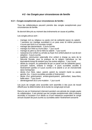 - 94 -
4-2 - les Congés pour circonstances de famille
4-2.1 - Congés exceptionnels pour circonstances de famille :
Tous les collaborateurs peuvent prendre des congés exceptionnels pour
circonstances de famille.
Ils devront être pris au moment des événements en cause et justifiés.
Les congés prévus sont :
- mariage civil ou religieux ou pacte civil de solidarité (pacs) du salarié :
1 semaine (un mariage succédant à un pacs avec la même personne
n’ouvre pas droit à un nouveau congé)
- mariage des descendants : 2 jours ouvrés
- mariage d'un frère ou d'une sœur : 1 jour ouvré
- mariage du père ou de la mère du salarié : 1 jour ouvré
- naissance d'un enfant ou arrivée au foyer d'un enfant placé en vue de son
adoption : 3 jours ouvrés
- baptême, communion solennelle d'un enfant à charge au sens de la
Sécurité Sociale, pour la pratique de la religion catholique ou les
équivalents lorsqu’ils existent pour les autres religions : 1 jour ouvré
- décès du conjoint, du partenaire lié par un pacte civil de solidarité (pacs),
concubin notoire, enfants à charge : 4 jours ouvrables accolés à
l'événement (portés à 5 jours ouvrés si le salarié a un an d’ancienneté
dans l’entreprise)
- décès d’un frère, sœur, parent, parent du conjoint marié ou pacsé,
gendre, bru : 4 jours ouvrables accolés à l’événement
- décès d'un grand-parent, arrière-grand-parent, petit-enfant, beau-frère,
belle-sœur : 1 jour ouvré
- déménagement dû à une mutation : 1 jour ouvré
Les jours de congés ainsi accordés sont assimilés à des jours de travail
effectif pour la détermination de la durée du congé payé annuel.
Dans le cas où l’événement intervient pendant une période de congés payés
du collaborateur, il est précisé que les congés exceptionnels cités ci-dessus
accordés à l’occasion d’un décès ou d’une naissance suspendent le congé
annuel d’autant de jours ouvrés ou ouvrables selon l’événement concerné
 