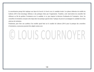 146
la concrétisation puisqu’elle implique une façon de boucler la boucle avec le candidat évalué. Les phases élaborées du modèle de
Laberon (2011) font davantage référence à des pratiques faites par l’organisation. Toutefois, cette intervention du conseiller fait
référence au fait de parfaire l’évaluation avec le candidat, et ce, peu importe la décision d’embauche de l’entreprise. Ainsi, les
conseillers d’orientation exerçant cette étape dans leur pratique agissent dans l’optique de pouvoir accompagner le candidat lors d'une
entrevue de restitution.
Finalement, pour faire une synthèse d’un modèle ajusté basé sur le modèle de Laberon (2011) pour la pratique des conseillers
d’orientation, ce processus pourrait être adapté comme ceci;
 