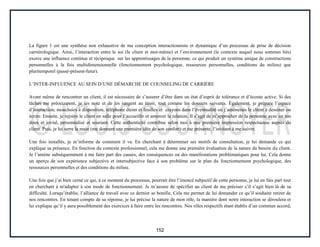 152
La figure 1 est une synthèse non exhaustive de ma conception interactionniste et dynamique d’un processus de prise de décision
carriérologique. Ainsi, l’interaction entre le soi (le client et moi-même) et l’environnement (le contexte auquel nous sommes liés)
exerce une influence continue et réciproque sur les apprentissages de la personne, ce qui produit un système unique de constructions
personnelles à la fois multidimensionnelle (fonctionnement psychologique, ressources personnelles, conditions du milieu) que
pluritemporel (passé-présent-futur).
L’INTER-INFLUENCE AU SEIN D’UNE DÉMARCHE DE COUNSELING DE CARRIÈRE
Avant même de rencontrer un client, il est nécessaire de s’assurer d’être dans un état d’esprit de tolérance et d’écoute active. Si des
tâches me préoccupent, je les note et de les rangent au tiroir, tout comme les dossiers suivants. Également, je prépare l’espace
d’interaction; mouchoirs à disposition, téléphone éteint et feuilles et crayons dans l’éventualité où j’amènerais le client à dessiner ou
écrire. Ensuite, je rejoins le client en salle pour l’accueillir et amorcer la relation. Il s’agit de m’approcher de la personne avec un ton
doux et jovial, personnalisé et souriant. Cette authenticité contribue selon moi à une première impression respectueuse auprès du
client. Puis, je lui serre la main (me donnant une première idée de son confort) et me présente, l’invitant à me suivre.
Une fois installés, je m’informe de comment il va. En cherchant à déterminer ses motifs de consultation, je lui demande ce qui
explique sa présence. En fonction du contexte professionnel, cela me donne une première évaluation de la nature du besoin du client.
Je l’amène subséquemment à me faire part des causes, des conséquences ou des manifestations problématiques pour lui. Cela donne
un aperçu de son expérience subjective et intersubjective face à son problème sur le plan du fonctionnement psychologique, des
ressources personnelles et des conditions du milieu.
Une fois que j’ai bien cerné ce qui, à ce moment du processus, pourrait être l’énoncé subjectif de cette personne, je lui en fais part tout
en cherchant à m'adapter à son mode de fonctionnement. Je m’assure de spécifier au client de me préciser s’il s’agit bien là de sa
difficulté. Lorsqu’établie, l’alliance de travail avec ce dernier se bonifie. Cela me permet de lui demander ce qu’il souhaite retirer de
nos rencontres. En tenant compte de sa réponse, je lui précise la nature de mon rôle, la manière dont notre interaction se déroulera et
lui explique qu’il y aura possiblement des exercices à faire entre les rencontres. Nos rôles respectifs étant établis d’un commun accord,
 