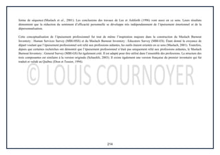 214
forme de séquence (Maslach et al., 2001). Les conclusions des travaux de Lee et Ashforth (1996) vont aussi en ce sens. Leurs résultats
démontrent que la réduction du sentiment d’efficacité personnelle se développe très indépendamment de l’épuisement émotionnel et de la
dépersonnalisation.
Cette conceptualisation de l’épuisement professionnel fut tout de même l’inspiration majeure dans la construction du Maslach Burnout
Inventory : Human Services Survey (MBI-HSS) et du Maslach Burnout Inventory : Educators Survey (MBI-ES). Étant donné la croyance de
départ voulant que l’épuisement professionnel soit relié aux professions aidantes, les outils étaient orientés en ce sens (Maslach, 2001). Toutefois,
depuis que certaines recherches ont démontré que l’épuisement professionnel n’était pas uniquement relié aux professions aidantes, le Maslach
Burnout Inventory : General Survey (MBI-GS) fut également créé. Il est adapté pour être utilisé dans l’ensemble des professions. La structure des
trois composantes est similaire à la version originale (Schaufeli, 2003). Il existe également une version française du premier inventaire qui fut
traduit et validé au Québec (Dion et Tessier, 1994).
 