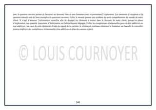 246
part, la question ouverte permet de favoriser un discours libre et sans fermeture tout en permettant l’exploration. Les moments d’exception et la
question miracle sont de bons exemples de questions ouvertes. Enfin, le résumé permet une synthèse de notre compréhension du monde de notre
client. Il s’agit d’amasser l’information recueillie afin de dégager les éléments à retenir dans le discours de notre client, puisqu’en phase
d’exploration, une quantité importante d’information est habituellement dégagée. Enfin, les compétences relationnelles peuvent être additives ou
non additives. Au cœur de cette démarche d’aide au regard de la carrière, la relation de confiance demeure la fondation sur laquelle le conseiller
pourra employer des compétences relationnelles plus additives au plan du contenu avancé.
 
