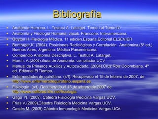 Bibliografía  Anatomía Humana. L. Testust A. Latarget. Tomo I al Tomo IV. Anatomía y Fisiología Humana. Jacob. Francone: Interamericana. Guyton H. Fisiologìa Mèdica. 11 ediciòn.España.Editorial ELSEVIER Bontrager,K. (2004). Posiciones Radiológicas y Correlación  Anatómica.(5ª ed.) Buenos Aires, Argentina: Médica Panamericana. Compendio Anatomía Descriptiva. L. Testtut A. Latarget. Martín, A.(2006).Guía de Anatomía: compilador.UCV Manual de Primeros Auxilios y Autocuidado. (2004).Cruz Roja Colombiana. 4ª ed. Editorial El Tiempo. Enfermedades de quirófano. (s/f). Recuperado el 15 de febrero de 2007, de  http://www.enfermeradequirofano.iespana.es . Fisiología. (s/f). Recuperado el 15 de febrero de 2007 de  http://www.nefrored.8m.net/fisiologia . Gago  N. (2009). Cátedra Fisiología Medicina Vargas.UCV. Frías V.(2009).Cátedra Fisiología Medicina Vargas.UCV. Castés M.  (2009).Cátedra Inmunología Medicina Vargas.UCV. 