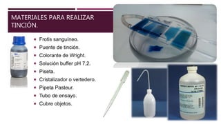 MATERIALES PARA REALIZAR
TINCIÓN.
 Frotis sanguíneo.
 Puente de tinción.
 Colorante de Wright.
 Solución buffer pH 7,2.
 Piseta.
 Cristalizador o vertedero.
 Pipeta Pasteur.
 Tubo de ensayo.
 Cubre objetos.
 