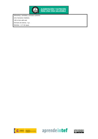 Alimentos, cantidad y proceso culinario:
Una manzana mediana.
100 ml de café solo
Extracto de stevia, 1 gr.
Bebidas: 1,5 l de agua
 