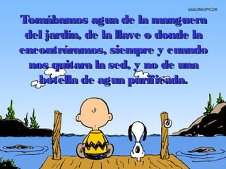 Tomábamos agua de la mangueraTomábamos agua de la manguera
del jardín, de la llave o donde ladel jardín, de la llave o donde la
encontráramos, siempre y cuandoencontráramos, siempre y cuando
nos quitara la sed, y no de unanos quitara la sed, y no de una
botella de agua purificada.botella de agua purificada.
 