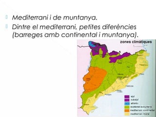  Mediterrani i de muntanya.
 Dintre el mediterrani, petites diferències
(barreges amb continental i muntanya).
 