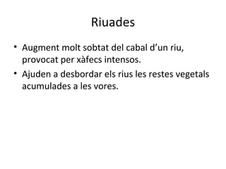 Riuades
• Augment molt sobtat del cabal d’un riu,
provocat per xàfecs intensos.
• Ajuden a desbordar els rius les restes vegetals
acumulades a les vores.
 