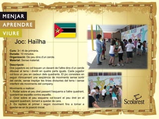 Joc: Haïlha
Curs: 3r i 4t de primària.
Durada: 10 minutos.
Organizació: De peu dins d’un cercle.
Material: Sense material.
Descripció:
Dos jugadors es col·loquen un davant de l’altre dins d’un cercle
dibuixat al terra i dividit en quatre parts iguals. Cada jugador
col·loca un peu en cadaun dels quadrants. El joc consisteix en
seguir rítmicament una seqüència de moviments sense sortir
del cercle, sense trepitjar les linies divisories del terra i sense
interferir els moviments del company.
Moviments a realizar:
1. Rodar sobre el peu dret passant l’esquerra a l’altre quadrant,
quedant-se espatlla contra espatlla.
2. Girar sobre el peu esquerra col·locant el peu dret en el
següent quadrant, tornant a quedar de cara.
3. Es repiteix el primer i segon moviment fins a tornar a
quedar-se en la posició inicial.
 