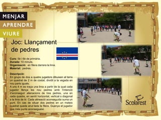 Joc: Llançament
de pedres
Curs: 5è i 6è de primària.
Durada: 10 minuts.
Organizació: en filera darrera la linia.
Material: pedres.
Descripció:
En grups de dos a quatre jugadors dibuixen al terra
un quadrat de 2 m de costat, dividit a la vegada en
nou parts iguals.
A uns 4 m es traça una linia a partir de la qual cada
jugador llença les nou pedres amb l’intenció
d’aconseguir alienacions de tres pedres, una en
cada quadre, en sentit horizontal, vertical o diagonal
a la linia de tir. Cada alineació aconseguida suma un
punt. En cas de situar dos pedres en un mateix
quadrat queda anul·lada la filera. Guanya el jugador
que més punts aconsegueixi.
 