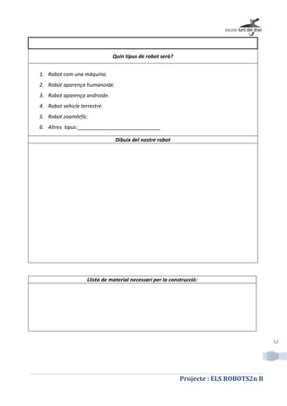 Projecte : ELS ROBOTS2n B
12
Quin tipus de robot serà?
1. Robot com una màquina.
2. Robot aparença humanoide.
3. Robot aparença androide.
4. Robot vehicle terrestre.
5. Robot zoomòrfic.
6. Altres tipus:_____________________________
Dibuix del nostre robot
Llista de material necessari per la construcció:
 