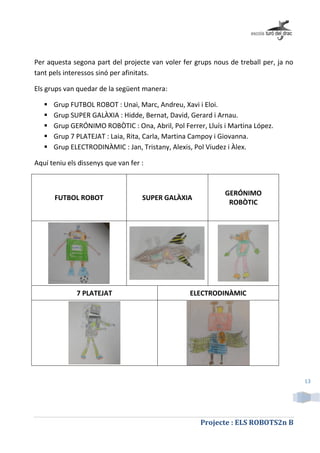 Projecte : ELS ROBOTS2n B
13
Per aquesta segona part del projecte van voler fer grups nous de treball per, ja no
tant pels interessos sinó per afinitats.
Els grups van quedar de la següent manera:
 Grup FUTBOL ROBOT : Unai, Marc, Andreu, Xavi i Eloi.
 Grup SUPER GALÀXIA : Hidde, Bernat, David, Gerard i Arnau.
 Grup GERÓNIMO ROBÒTIC : Ona, Abril, Pol Ferrer, Lluís i Martina López.
 Grup 7 PLATEJAT : Laia, Rita, Carla, Martina Campoy i Giovanna.
 Grup ELECTRODINÀMIC : Jan, Tristany, Alexis, Pol Viudez i Àlex.
Aquí teniu els dissenys que van fer :
FUTBOL ROBOT SUPER GALÀXIA
GERÓNIMO
ROBÒTIC
7 PLATEJAT ELECTRODINÀMIC
 