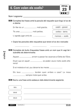 FITXA
                                                                      UNITAT
  6. Com volen els ocells?
                                                                        23
Nom i cognoms: ____________________________________________________________

 1    Completa les frases amb la paraula del requadre que tingui el so de
      e oberta:

      En Ner és un                       molt graciós.          cadell · gosset

      Té unes                       molt petites.               orelles · dents

      Li agrada jugar amb els                       .          marrecs · ocells


     • Copia les paraules dels requadres que tenen el so de e tancada:




 2    Completa els buits d’aquestes frases amb un nom que hi vagi bé i
      subratlla els determinants:

      Aquest                       anirem a passar les vacances al Delta de l’Ebre.

      Diuen que en aquell                       es poden veure molts ocells dife-
      rents!

      Si et molesta el sol, puc deixar-te les meves                     .

      Els teus                         borden quan arribes a casa? La meva
                            sempre miola quan arribo.

 3    Escriu una frase amb cadascun dels determinants següents:


       seu

       seva

       seus


 UNITAT 6     ESCRIURE 3r                                                         27
 