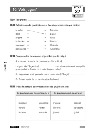 FITXA
                                                                 UNITAT
  10. Vols jugar?
                                                                   37
Nom i cognoms: ____________________________________________________________
 1    Relaciona cada gentilici amb el lloc de procedència que indica:

      brasiler                            Pakistan
      italià                              Brasil
      argentí                             Itàlia
      holandès                            Marroc
      marroquí                            Holanda
      pakistanès                          Argentina


 2    Completa les frases amb el gentilici que hi calgui:

      A la nostra classe hi ha dues nenes [de la Xina]                 .

      La gent [de l’Argentina]                normalment és molt tranquil·la
      quan parla i fa frases com més llargues millor!

      Jo vaig néixer aquí, però els meus pares són [d’Aragó]                     .

      En Rafael Nadal és un tennista [de Mallorca]                 .


 3    Troba la paraula equivocada de cada grup i ratlla-la:

        Es pronuncia u, però s’escriu o        Es pronuncia u i s’escriu u



             mosquit          processó        múscul              borinot

             florista         tortell         cullerot            saludable

             apuntar          compàs          juvenil              juliol




 UNITAT 10      ESCRIURE 3r                                                 41
 