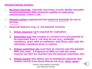 Plasmid Cloning Vectors:
✓ Bacterial plasmids, naturally occurring, circular double-stranded
extrachromosomal DNA elements capable of replicating
autonomously within a cell.
✓ Plasmid vectors engineered from bacterial plasmids for use in
cloning.
✓ Required features (e.g., E. coli plasmid vectors):
1. Origin sequence (ori) required for replication.
2. Selectable trait that enables E. coli that carry the plasmid to
be separated from E. coli that do not (e.g., antibiotic
resistance, grow cells on antibiotic; only those cells with the
anti-biotic resistance grow in colony).
3. Unique restriction site such that an enzyme cuts the plasmid
DNA only once. A fragment of DNA cut with the same
enzyme can then be inserted into the plasmid restriction site.
4. Simple marker that allows you to distinguish plasmids that
contain inserts from those that do not (e.g., lacZ+ gene)
Genetics from mendale to microchip
array Molecular Genetics
 