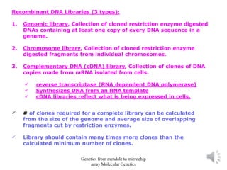 Recombinant DNA Libraries (3 types):
1. Genomic library, Collection of cloned restriction enzyme digested
DNAs containing at least one copy of every DNA sequence in a
genome.
2. Chromosome library, Collection of cloned restriction enzyme
digested fragments from individual chromosomes.
3. Complementary DNA (cDNA) library, Collection of clones of DNA
copies made from mRNA isolated from cells.
✓ reverse transcriptase (RNA dependent DNA polymerase)
✓ Synthesizes DNA from an RNA template
✓ cDNA libraries reflect what is being expressed in cells.
✓ # of clones required for a complete library can be calculated
from the size of the genome and average size of overlapping
fragments cut by restriction enzymes.
✓ Library should contain many times more clones than the
calculated minimum number of clones.
Genetics from mendale to microchip
array Molecular Genetics
 