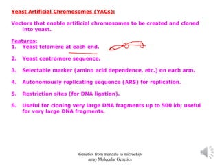 Yeast Artificial Chromosomes (YACs):
Vectors that enable artificial chromosomes to be created and cloned
into yeast.
Features:
1. Yeast telomere at each end.
2. Yeast centromere sequence.
3. Selectable marker (amino acid dependence, etc.) on each arm.
4. Autonomously replicating sequence (ARS) for replication.
5. Restriction sites (for DNA ligation).
6. Useful for cloning very large DNA fragments up to 500 kb; useful
for very large DNA fragments.
Genetics from mendale to microchip
array Molecular Genetics
 