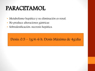 • Metabolismo hepático y su eliminación es renal.
• No produce alteraciones gástricas
• Sobredosificación: necrosis hepática.
Dosis: 0.5 – 1g/4-6 h. Dosis Máxima de 4g/día
 