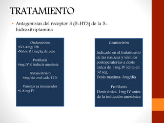 TRATAMIENTO
• Antagonistas del receptor 3 (5-HT3) de la 5-
hidroxitriptamina
Ondansetrón
•VO: 4mg/12h
•Niños: 0.1mg/kg de peso
Profilaxis
4mg IV al inducir anestesia
Postanestésico
4mg/vía oral cada 12 h
Vómitos ya instaurados
•4-8 mg IV
Granisetrón
Indicado en el tratamiento
de las nauseas y vómitos
postoperatorias a dosis
única de 1 mg IV lenta en
30 seg.
Dosis maxima: 3mg/día
Profilaxis
Dosis única: 1mg IV antes
de la inducción anestésica
 