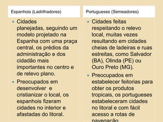 Espanhois (Ladrilhadores)      Portugueses (Semeadores)

   Cidades                       Cidades feitas
    planejadas, seguindo um        respeitando o relevo
    modelo projetado na            local, muitas vezes
    Espanha com uma praça          resultando em cidades
    central, os prédios da         cheias de ladeiras e ruas
    administração e dos            estreitas, como Salvador
    cidadão mais                   (BA), Olinda (PE) ou
    importantes no centro e        Ouro Preto (MG).
    de relevo plano.              Preocupados em
   Preocupados em                 estabelecer feitorias para
    desenvolver e                  obter os produtos
    cristianizar o local, os       tropicais, os portugueses
    espanhois fizeram              estabeleceram cidades
    cidades no interior e          no litoral e com fácil
    afastadas do litoral.          acesso a rotas de
 