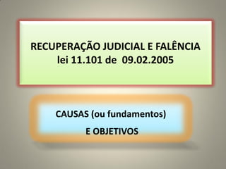 CAUSAS (ou fundamentos)
E OBJETIVOS
RECUPERAÇÃO JUDICIAL E FALÊNCIA
lei 11.101 de 09.02.2005
1
 