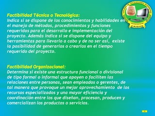Indica si se dispone de los conocimientos y habilidades en
el manejo de métodos, procedimientos y funciones
requeridas para el desarrollo e implementación del
proyecto. Además indica si se dispone del equipo y
herramientas para llevarlo a cabo y de no ser así, existe
la posibilidad de generarlos o crearlos en el tiempo
requerido del proyecto.
Determina si existe una estructura funcional o divisional
de tipo formal o informal que apoyen o faciliten las
relaciones entre personas, sean empleados o gerentes, de
tal manera que provoque un mejor aprovechamiento de los
recursos especializados y una mayor eficiencia y
coordinación entre los que diseñan, procesan, producen y
comercializan los productos o servicios.
 