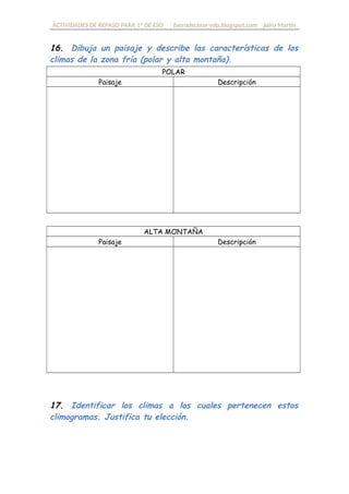 ACTIVIDADES DE REPASO PARA 1º DE ESO fueradeclase-vdp.blogspot.com Jairo Martín
16. Dibuja el paisaje y describe las características de cada
climas de la zona fría (polar y alta montaña).
POLAR
Paisaje Descripción
ALTA MONTAÑA
Paisaje Descripción
17. Identificar los climas a los cuales pertenecen estos
climogramas. Justifica tu elección.
 