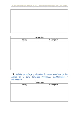 ACTIVIDADES DE REPASO PARA 1º DE ESO fueradeclase-vdp.blogspot.com Jairo Martín
DESÉRTCO
Paisaje Descripción
15. Dibuja el paisaje y describe las características de cada
climas de la zona templada (oceánico, mediterráneo y
continental).
OCEÁNICO
Paisaje Descripción
 