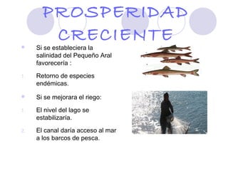 PROSPERIDAD
        CRECIENTE
    Si se estableciera la
     salinidad del Pequeño Aral
     favorecería :

1.   Retorno de especies
     endémicas.

    Si se mejorara el riego:

1.   El nivel del lago se
     estabilizaría.

2.   El canal daría acceso al mar
     a los barcos de pesca.
 