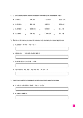 3
6. ¿Cuál de las siguientes listas muestra los números en orden del mayor al menor?
a. 204.515 _ 231.392 _ 3.033.431 _ 5.301.229
b. 5.301.229 _ 231.392 _ 204.515 _ 3.033.431
c. 5.301.229 _ 3.033.431 _ 231.392 _ 204.515
d. 3.033.431 _ 231.392 _ 5.301.229 _ 204.515
7. Escriba el número que corresponde a cada una de las siguientes descomposiciones.
a. 6.000.000 + 40.000 + 300 + 70 + 9
b. 90.000.000 + 7.000.000 + 3.000 + 20 + 3
c. 800.000.000 + 50.000.000 + 4.000
d. 40 + 500 + 7. 000. 000 + 100. 000. 000 + 70. 000 + 9
8. Escriba el número que corresponde a cada una de estas descomposiciones.
a. 5 UMi + 6 CM + 3 DM + 8 UM + 3 C + 8 D + 7 U
b. 6 UMi + 9 DM + 3 C
 