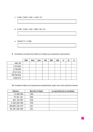 4
c. 6 CMi + 2 DMi + 3 CM + 2 UM + 9 C
d. 8 CMi + 3 UMi + 3 CM + 2DM + 3D + 4 U
e. 109.235.111 + 4 DMi
9. Complete los recuadros de la tabla con el dígito que corresponde a cada posición.
10. Complete la tabla con la equivalencia correspondiente, según sea el valor posicional indicado.
 