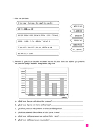 5
11. Una con una línea.
12. Observe el gráfico que indica los resultados de una encuesta acerca del deporte que prefieren
las personas y luego responda las siguientes preguntas.
a. ¿Cuál es el deporte preferido por las personas?......................................................................
b. ¿Cuál es el deporte con menos preferencias?.........................................................................
c. ¿Cuántas personas más prefieren el tenis que el básquetbol?................................................
d. ¿Cuántas personas más prefieren el fútbol que el ciclismo?...................................................
e. ¿Cuál es el total de personas que prefieren fútbol y tenis?......................................................
f. ¿Cuál es el total de personas encuestadas?.............................................................................
 