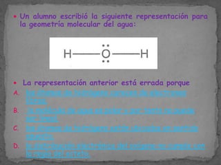  Un alumno escribió la siguiente representación para

la geometría molecular del agua:


A.
B.
C.
D.

La representación anterior está errada porque
los átomos de hidrógeno carecen de electrones
libres.
la molécula de agua es polar y por tanto no puede
ser lineal.
los átomos de hidrógeno están ubicados en sentido
opuesto.
la distribución electrónica del oxígeno no cumple con
la regía del octeto.

 
