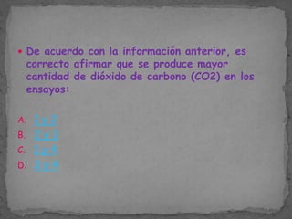  De acuerdo con la información anterior, es

correcto afirmar que se produce mayor
cantidad de dióxido de carbono (CO2) en los
ensayos:

A. 1 y 2
B. 2 y 3

C. 1 y 4
D. 3 y 4

 
