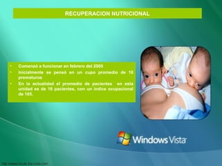 RECUPERACION NUTRICIONAL Comenzó a funcionar en febrero del 2005 Inicialmente se pensó en un cupo promedio de 10 prematuros En la actualidad el promedio de pacientes  en esta unidad es de 16 pacientes, con un índice ocupacional de 165. 