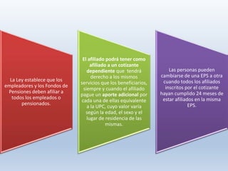 La Ley establece que los
empleadores y los Fondos de
Pensiones deben afiliar a
todos los empleados o
pensionados.
El afiliado podrá tener como
afiliado a un cotizante
dependiente que tendrá
derecho a los mismos
servicios que los beneficiarios,
siempre y cuando el afiliado
pague un aporte adicional por
cada una de ellas equivalente
a la UPC, cuyo valor varía
según la edad, el sexo y el
lugar de residencia de las
mismas.
Las personas pueden
cambiarse de una EPS a otra
cuando todos los afiliados
inscritos por el cotizante
hayan cumplido 24 meses de
estar afiliados en la misma
EPS.
 