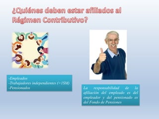 La responsabilidad de la
afiliación del empleado es del
empleador y del pensionado es
del Fondo de Pensiones
-Empleados
-Trabajadores independientes (>1SM)
-Pensionados
 