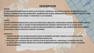 OFRECER UN SERVICIO DE RESTAURANTE DONDE SE PRESENTE UN MENÚ VARIADO, PLATOS A LA CARTA,
ESPECIALIDADES Y BAJOS PRECIOS EN NUESTROS PRODUCTOS.
FACILITAR A LOS USUARIOS QUE NOS VISITAN UN EXCELENTE SERVICIO, COMODIDAD Y LA MEJOR ATENCIÓN.
AL ESTAR UBICADOS EN EL CENTRO DE LA CIUDAD QUEREMOS HACER MAS FACTIBLE LA VISITA A NUESTRO
ESTABLECIMIENTO-.
DESCRIPCION
MISIÓN
EL RESTAURANTE BUEN SABOR SE ENFOCA EN OFRECER Y BRINDAR A NUESTROS CLIENTES UN SERVICIO DE ALTA
CALIDAD, BASÁNDOSE EN UNA NUTRICIÓN Y ALIMENTACIÓN GUIADA. BRINDANDO ESTE UN AMBIENTE PROPICIO PARA
DISFRUTAR DE LA MEJOR COMIDA Y COMODIDAD A LOS USUARIOS .
VISIÓN
LLEVAR NUESTROS PRODUCTOS AL MAS ALTO NIVEL EN EL MERCADO, LOGRAR SER EL MEJOR RESTAURANTE DENTRO
DE ESTE Y LLEGAR A SER LA CADENA DE RESTAURANTES MAS GRANDE E IMPORTANTE DE LA CUIDAD QUITO
DESTACANDONOS ASÍ POR OFRECER LA MEJOR CARTA EN ALIMENTOS Y BEBIDAS. SER COMPETENTES PARA LOGRAR
SATISFACER A TODOS NUESTROS CLIENTES Y USUARIOS.
OBJETIVOS
 