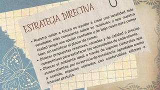 ESTRATEGIA DIRECTIVA
Nuestra visión a futuro es ayudar a crear una localidad más
saludable, más consciente sobre su nutrición, y que nuestra
ciudad tenga una opción confiable y de bajo costo para comer
bien, sin sacrificar el placer de comer.
Ofrecer propuestas creativas, variadas y de calidad a precios
competitivos para satisfacer las necesidades de cada cliente.
Ofrecer el ambiente ideal a través de lugares culturales que
atraen clientes, por su servicio de excelencia, agradable aroma
a comida, espacios cómodos con confortables sillones e
Internet gratuito.
 