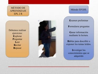 Método EFGHI.
Examen preliminar
Formularse preguntas
Ganar información
mediante la lectura.
Hablar para describir o
exponer los temas leídos.
Investigar los
conocimientos que se
adquirido
MÉTODO DE
APRENDIZAJE
EPL 2 R
Debemos realizar
ejercicios:
Explorar
Preguntar
Leer
Recitar
Repasar
 