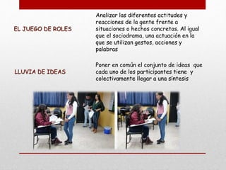 EL JUEGO DE ROLES
Analizar las diferentes actitudes y
reacciones de la gente frente a
situaciones o hechos concretos. Al igual
que el sociodrama, una actuación en la
que se utilizan gestos, acciones y
palabras
LLUVIA DE IDEAS
Poner en común el conjunto de ideas que
cada uno de los participantes tiene y
colectivamente llegar a una síntesis
 