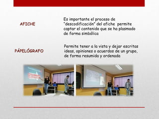 AFICHE
Es importante el proceso de
“descodificación” del afiche permite
captar el contenido que se ha plasmado
de forma simbólica
PÁPELÓGRAFO
Permite tener a la vista y dejar escritas
ideas, opiniones o acuerdos de un grupo,
de forma resumida y ordenada
 