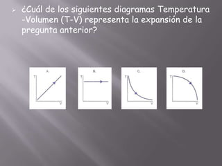 

¿Cuál de los siguientes diagramas Temperatura
-Volumen (T-V) representa la expansión de la
pregunta anterior?

 