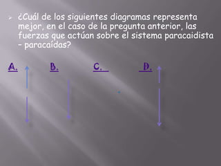 

A.

¿Cuál de los siguientes diagramas representa
mejor, en el caso de la pregunta anterior, las
fuerzas que actúan sobre el sistema paracaidista
– paracaídas?
B.

C.

D.
.

 
