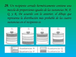 29. Un recipiente cerrado herméticamente contiene una
mezcla de proporciones iguales de las sustancias M, P,
Q, y R. De acuerdo con lo anterior, el dibujo que
representa la distribución más probable de las cuatro
sustancias en el recipiente es

 