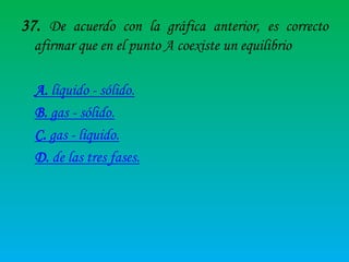 37. De acuerdo con la gráfica anterior, es correcto
afirmar que en el punto A coexiste un equilibrio
A. líquido - sólido.
B. gas - sólido.
C. gas - líquido.
D. de las tres fases.

 